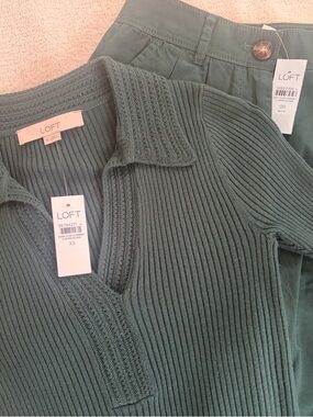 NWT LOFT Emerald Essence Ribbed V-Neck Polo Sweater and matching pants.